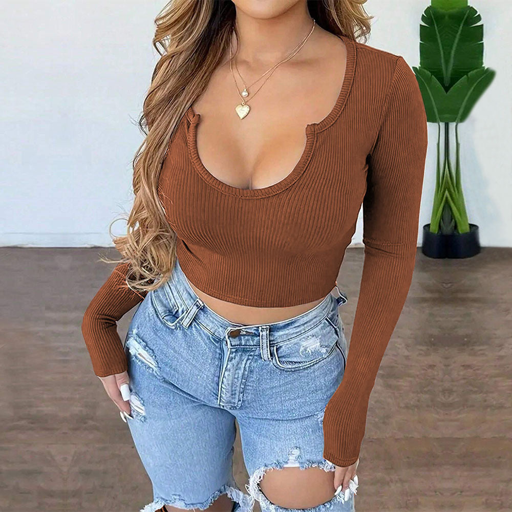 pumpkin patch outfit Women's Sweet and Spicy Style U-Neck T-shirt Autumn and Winter Short Navel Sexy Hot Girl Long-Sleeved Top