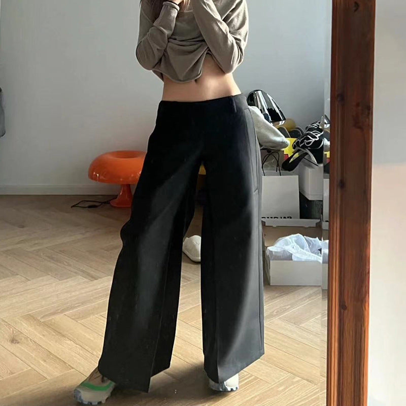 curvy casual outfits Black V-Shaped Low Waist Casual Suit Pants Women 2024 Autumn and Winter Pants Leg Pleated Slimming Loose Wide Leg Pants