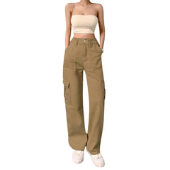 2000s fashion Women's Street Fashion Multi-Pocket Workwear Straight Trousers High Waist Slimming Loose Khaki Jeans for Women