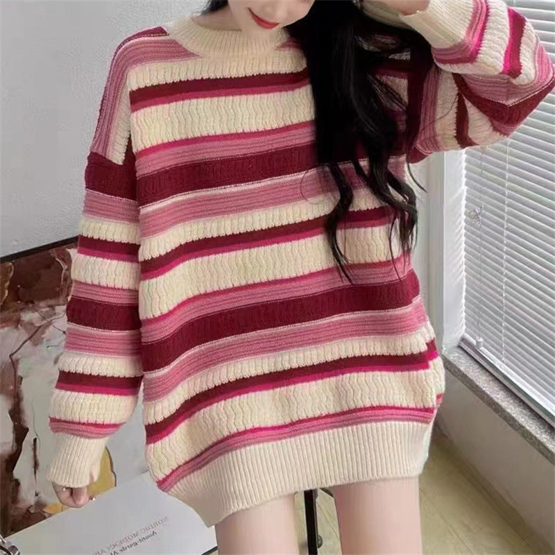 panther halloween costume Gentle Style Soft Glutinous Striped Jacquard Pullover Women's 24 Autumn and Winter Retro Loose Sweater Lazy Style Top