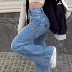 outfit Women's Jeans Mid-Waist Blue Denim Elegant Commuter Flared Pants Dark Trousers for Women