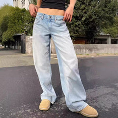 =90s fashion Washed Retro Straight High Waist Wide Leg Loose Draping Versatile Jeans