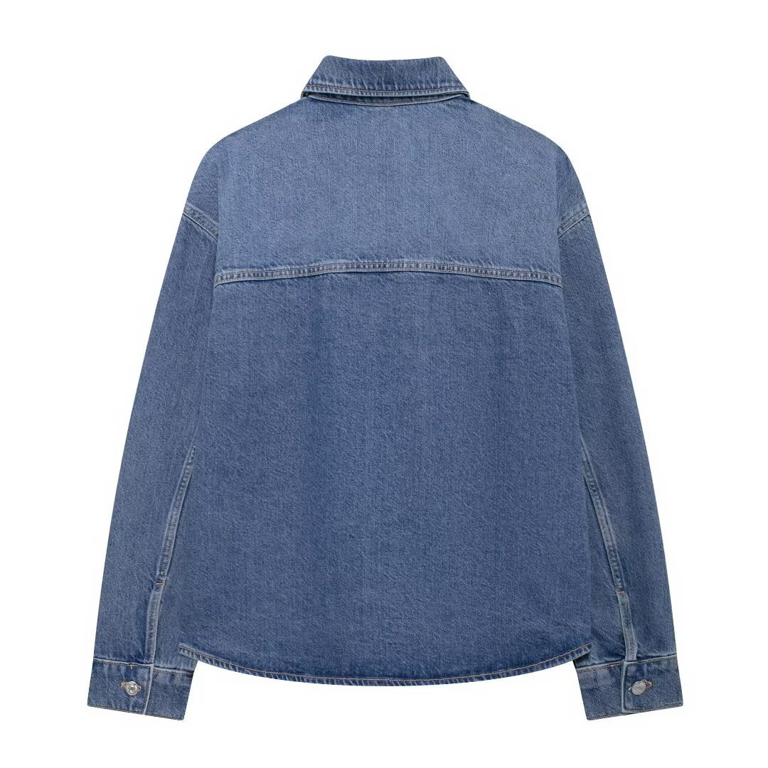 clothes Fall 2024 Women's Loose Blue Pocket Fashion Casual Denim Shirt Top Coat