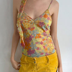 calico hair Holiday Style Sexy Hot Girl Floral Tie Basic Sling V-neck Pleated Chest Slimming Vest