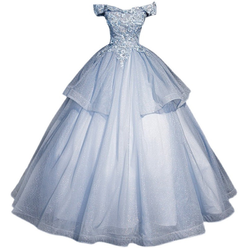 prom dresses Blue Evening Dress 2024 Pettiskirt off-Shoulder Performance Dress Vocal Dress Host Banquet Colored Yarn