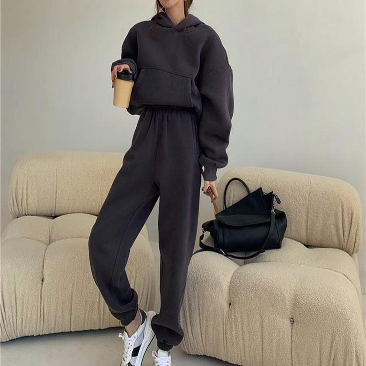 comfy school outfits Fleece-lined Sweatpants Sweater Thickened Fashion Two-Piece Suit Autumn and Winter Casual New Hooded High Waist