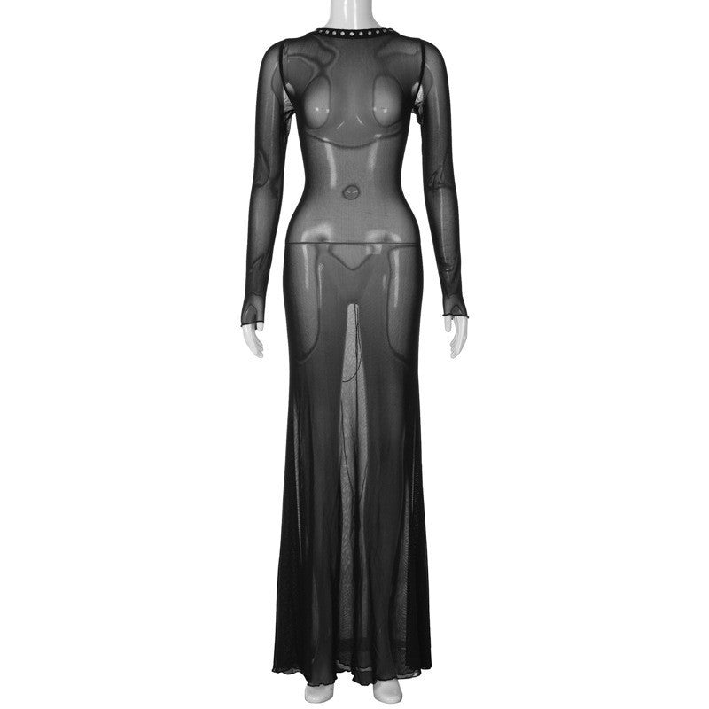 cybergoth dress to impress Fashionable New Spring Women's Sexy Mesh Backless Lace-up Long Sleeve Super Long Dress Women