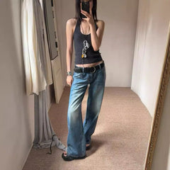 going out outfits Retro Blue Distressed Washed Low Waist Jeans Women's High Street Loose Slimming Wide Leg Straight Pants All-Matching