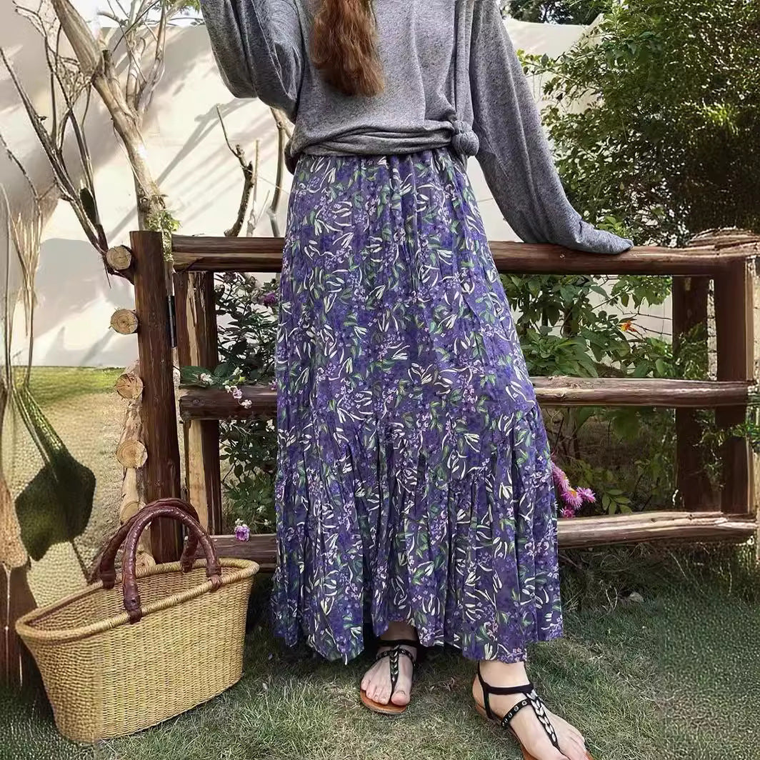 teacher outfits Spring and Summer High Waist Large Swing Skirt Loose Slimming Retro A- line Skirt Floral Pleated Skirt