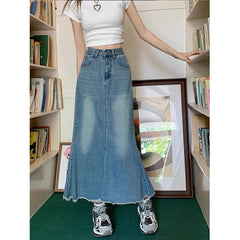 2000s fashion High Waist Denim Fishtail Skirt for Women 2024 Spring plus Size Loose Slimming Frayed Fat Girl A- line Half-Length