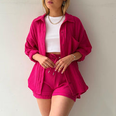 going out outfits 2024 Women's Ruffle Lapel Long Sleeve Shirt High Waist Drawstring Shorts Fashion Casual Two-Piece Set