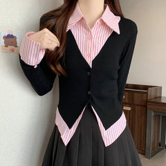 2000s fashion plus Size Women's Clothing 2024 Spring New Korean Style Fashionable Contrast Color Waist Slimming Stitching Fake Two-Piece Shirt