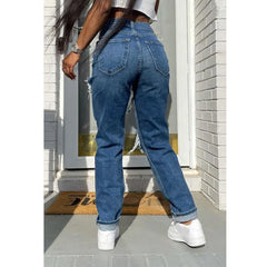 grunge outfits Women's Jeans Blue Washed Ripped Mid-Waist Street Hipster Denim Women