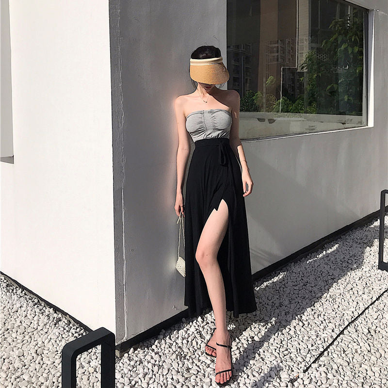 fashion outfits Sexy Split High Waist A- line Skirt Mid-Length Online Celebrity Ins Skirt Women's Summer New One-Piece Fairy Skirt