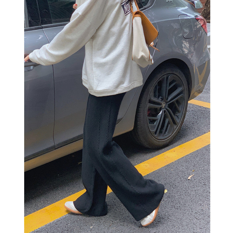 business casual outfits Hemp Pattern Knitted Wide-Leg Mopping Trousers for Women 2024 Autumn and Winter Loose Cover Slim Straight Casual Pants