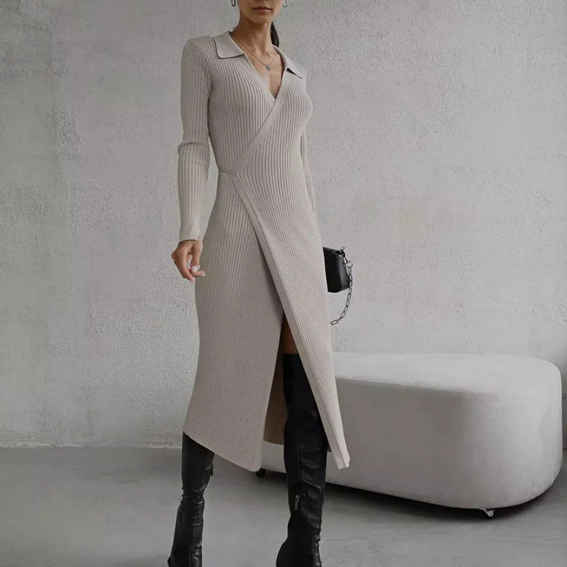 y2k outfits 2024 Autumn and Winter New Style Sweater Dress Women's Lace-up Long Sleeve Polo Collar Dress Women