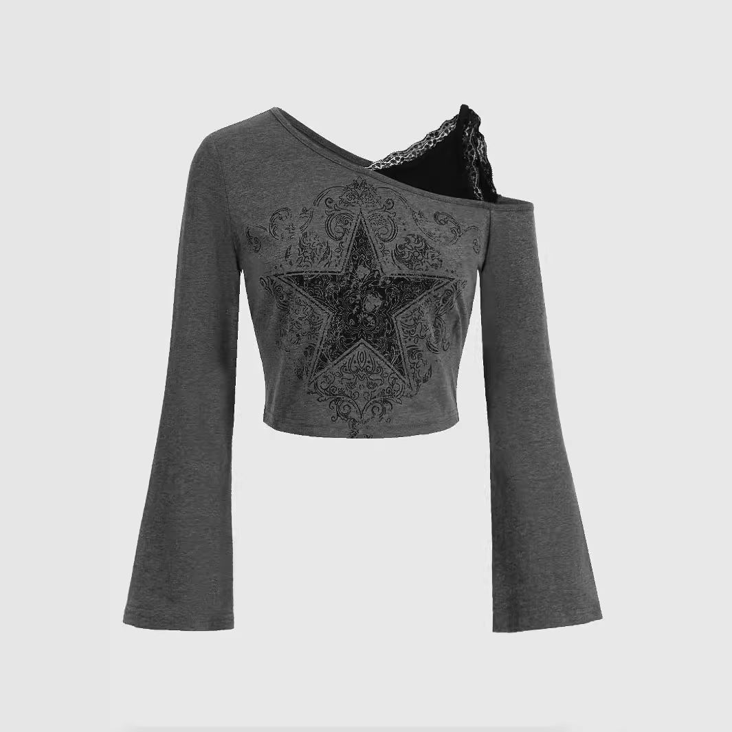 outfit inspo INS Retro Five-Pointed Star Printed Oblique Collar Slim Bottoming Long Sleeve Sexy Slimming Temperament Top