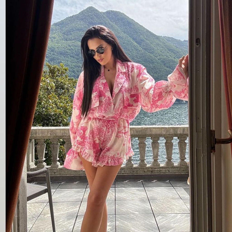 90s fashion Summer 2024 Suit Fashion Printed Bell Sleeve Shirt Top Shorts Ruffled Two-Piece Set