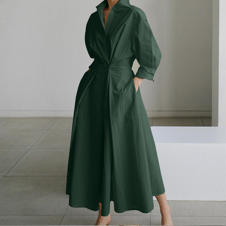 2024 fall fashion trends Elegant Commuter Cotton and Linen Solid Color Lapel/Polo Collar Shirt Sleeve Elastic Waist Large Swing Dress