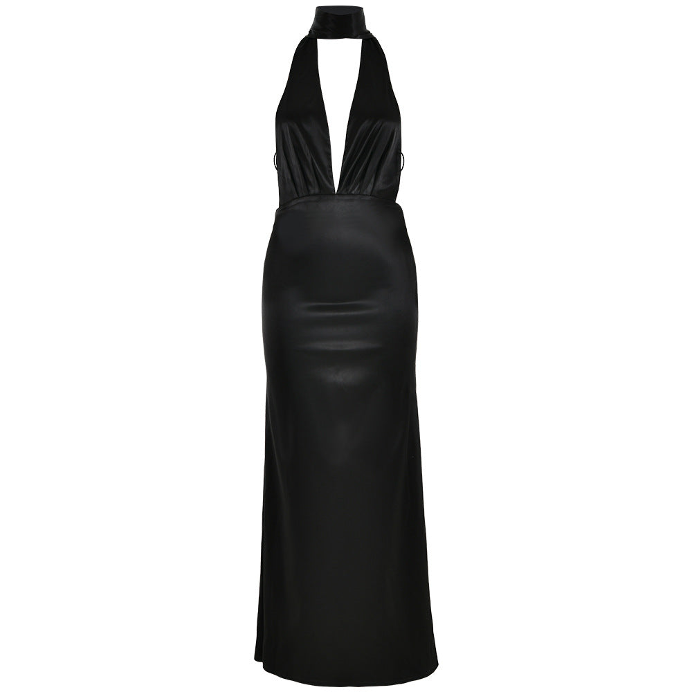 pop culture dress to impress Style 2024 Hot New Sexy Elegant Solid Color Deep V-neck Halter Strap Backless Sheath Dress