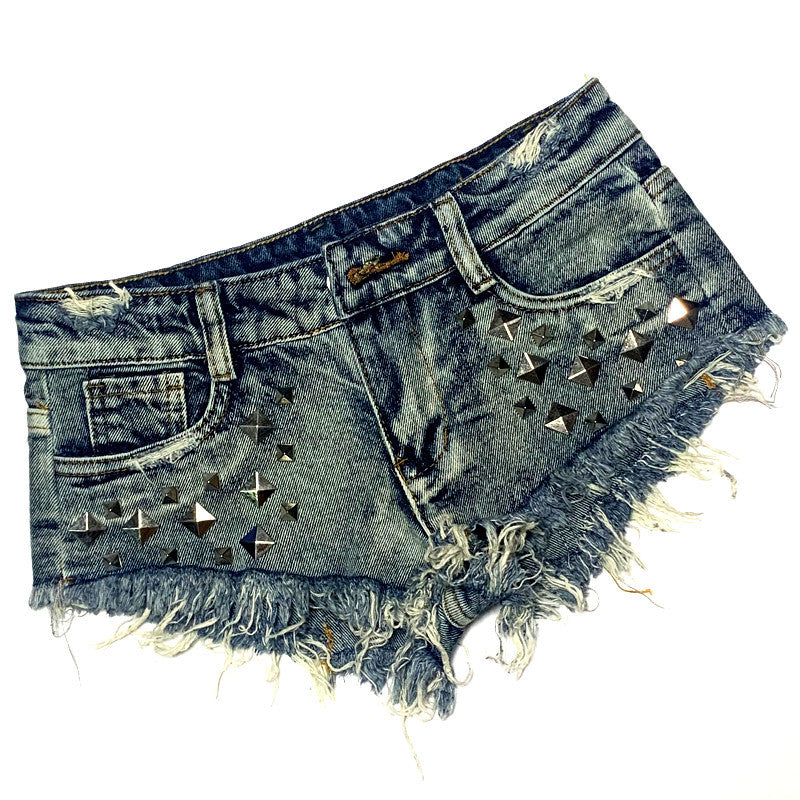 2000s fashion Ultra Short Rivet Denim Shorts Ultra Low Waist Hot Pants Punk Style Nightclub Women's Pants Fur Fringe Ripped Washing Water