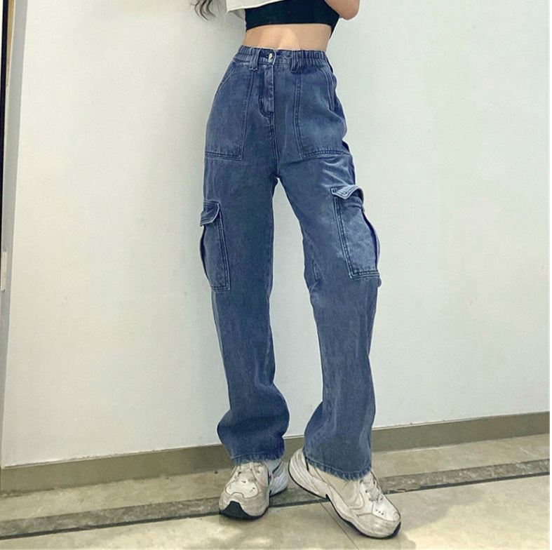 2000s fashion Women's Street Fashion Multi-Pocket Workwear Straight Trousers High Waist Slimming Loose Khaki Jeans for Women