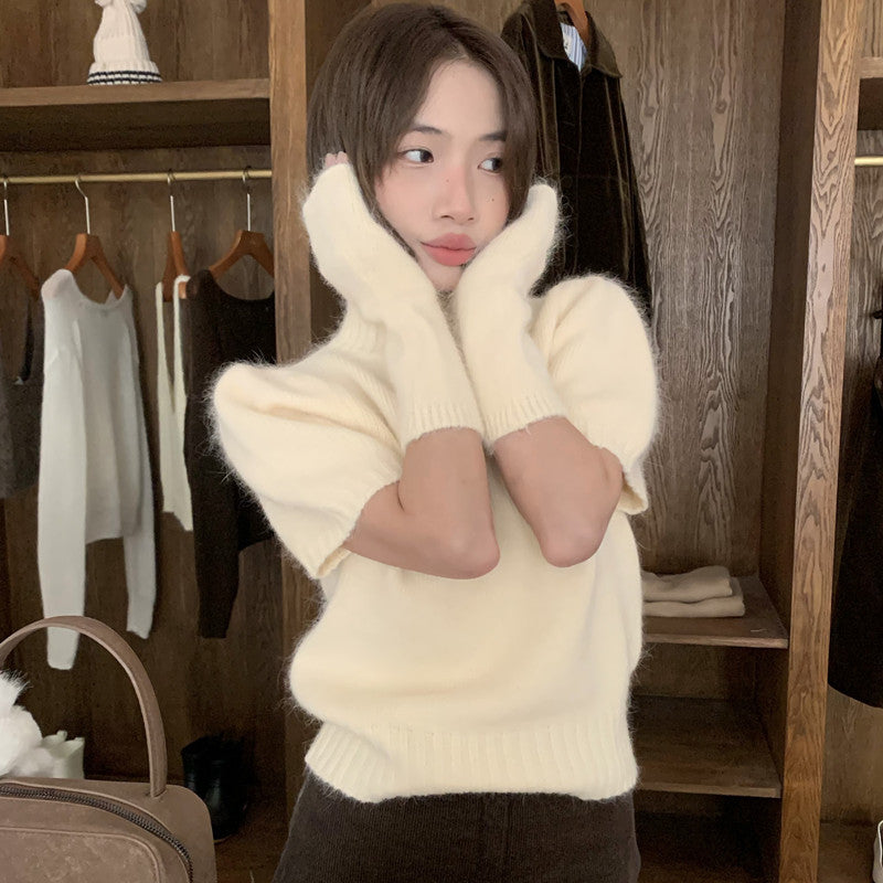 fall brunch outfit Korean Style Gentle Sweet Soft Glutinous Rabbit Fur Knitted Blended Half Turtleneck Puff Sleeve with Oversleeves Chic Sweater