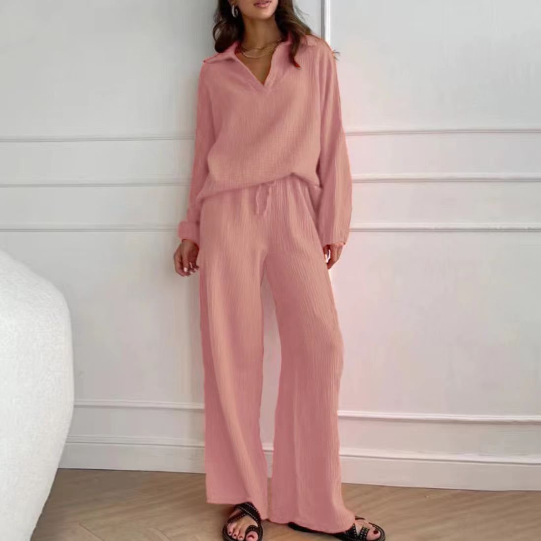 fashion outfits Elegant Ladies Casual Loose Suit Women's Long-Sleeved Top + Drawstring Trousers Suit Spring and Autumn Turn-down Collar Two-Piece Set