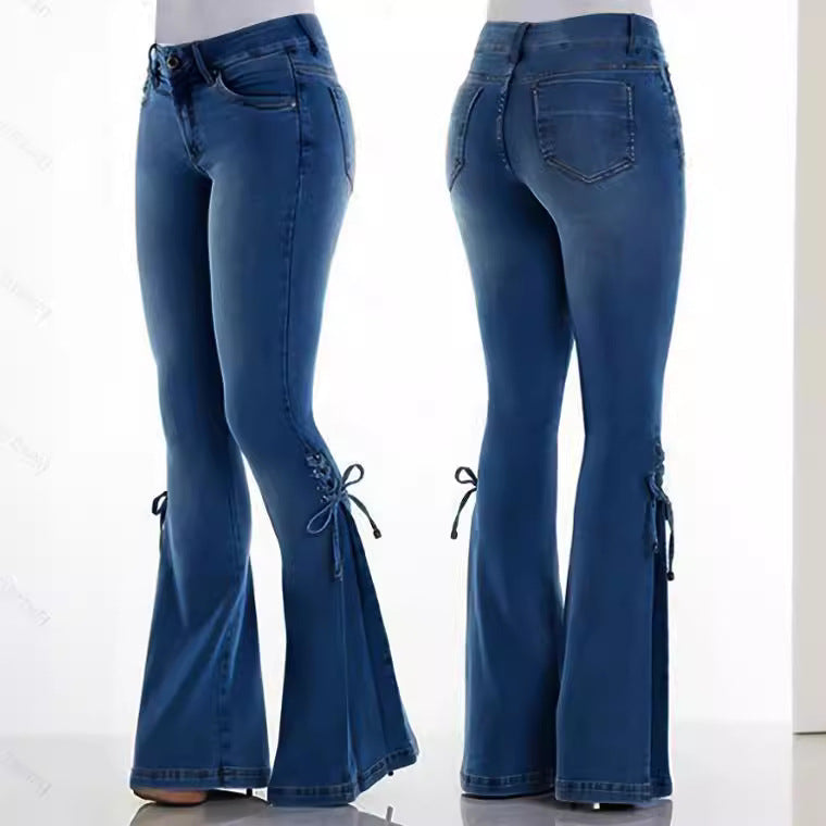 summer outfits inspo Women's Jeans Mid-Waist Lace-up Denim Trousers Stretch Jeans Women's Flared Pants Denim