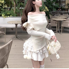 dream clothes Korean-Style White off-Shoulder Long-Sleeved Sweater Women's Autumn off-Shoulder Bow Sweater Slim-Fit Short Bottoming Top