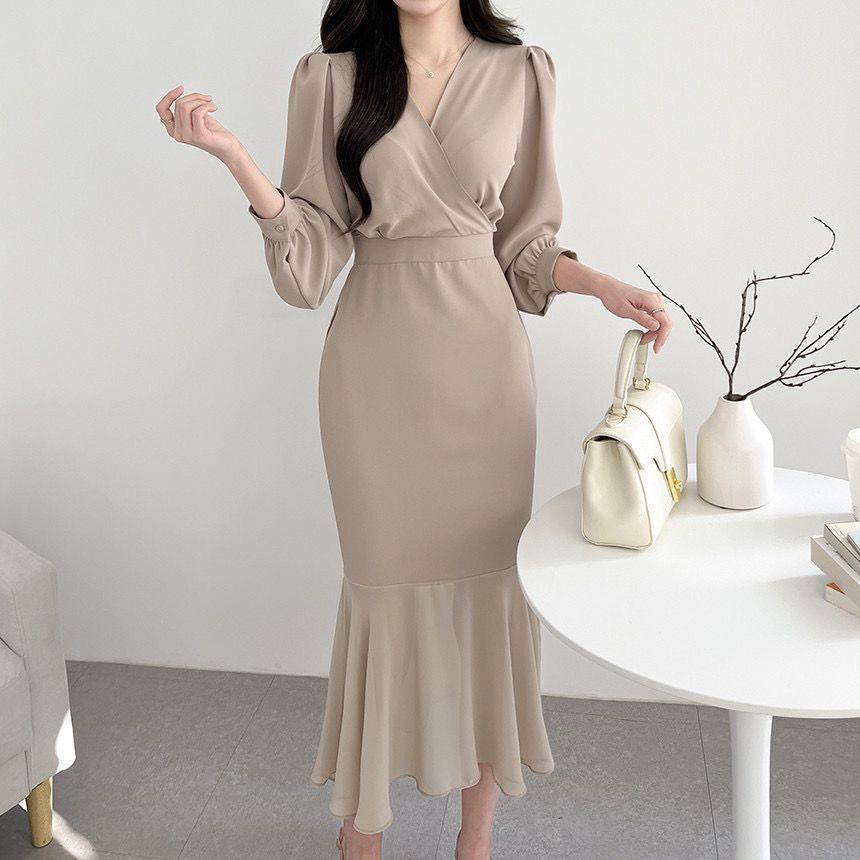 k drama dress to impress Chic Early Spring French Elegant Cross V-neck Lace-up Waist Puff Sleeve Fishtail Dress Midi Dress for Women