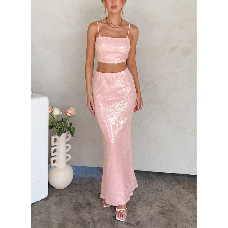 going out outfits Sexy Sling Backless Slim Sequined Long Dress Two-Piece Women's Tube Top Skirt Suit