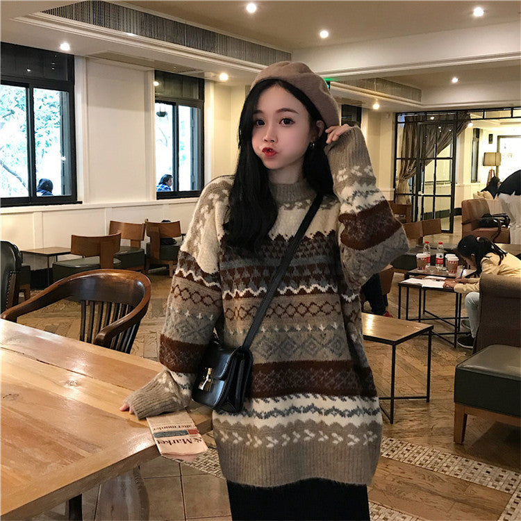 cold weather outfits Retro Japanese round Neck Pullover Women's Autumn and Winter Korean Style Lazy Style Loose Long Sleeve Sweater Coat