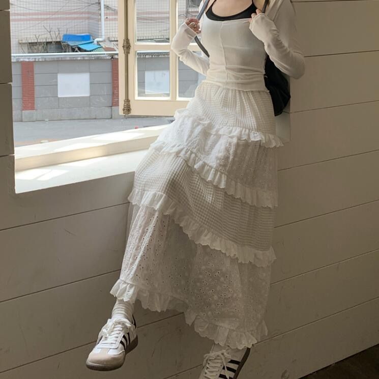 outfit White High Waist Skirt 2024 Spring and Summer New Fashion Cute Princess Style A- line Skirt Mid-Length Skirt White Gentle Style