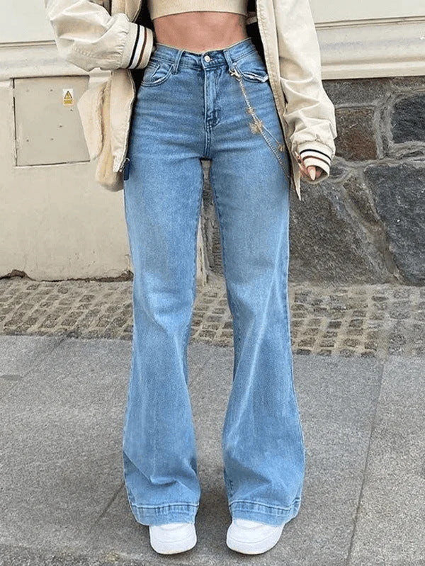 outfit Women's Jeans Mid-Waist Blue Denim Elegant Commuter Flared Pants Dark Trousers for Women