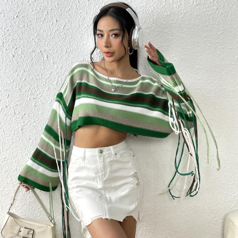 outfit inspo Women's New Rainbow Striped Tassel Sweater Sexy Ultra-Short Cropped Loose Sweater