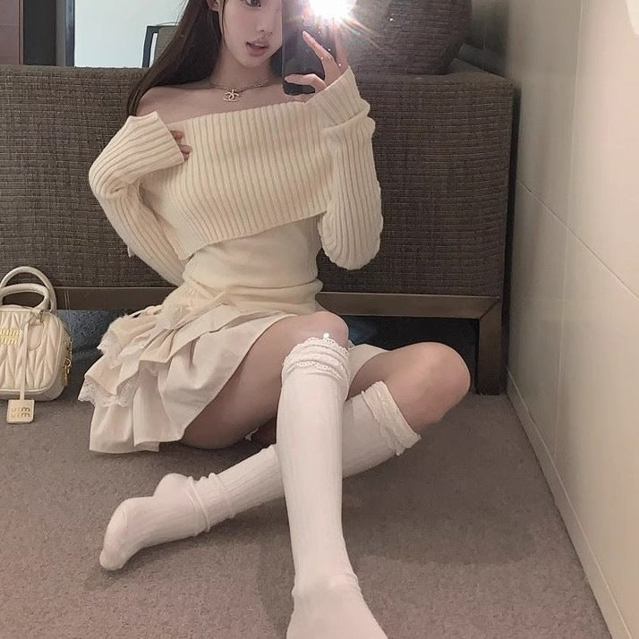 dream clothes Korean-Style White off-Shoulder Long-Sleeved Sweater Women's Autumn off-Shoulder Bow Sweater Slim-Fit Short Bottoming Top