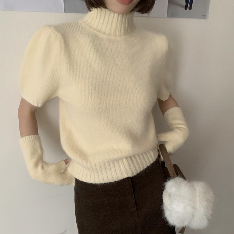 fall brunch outfit Korean Style Gentle Sweet Soft Glutinous Rabbit Fur Knitted Blended Half Turtleneck Puff Sleeve with Oversleeves Chic Sweater