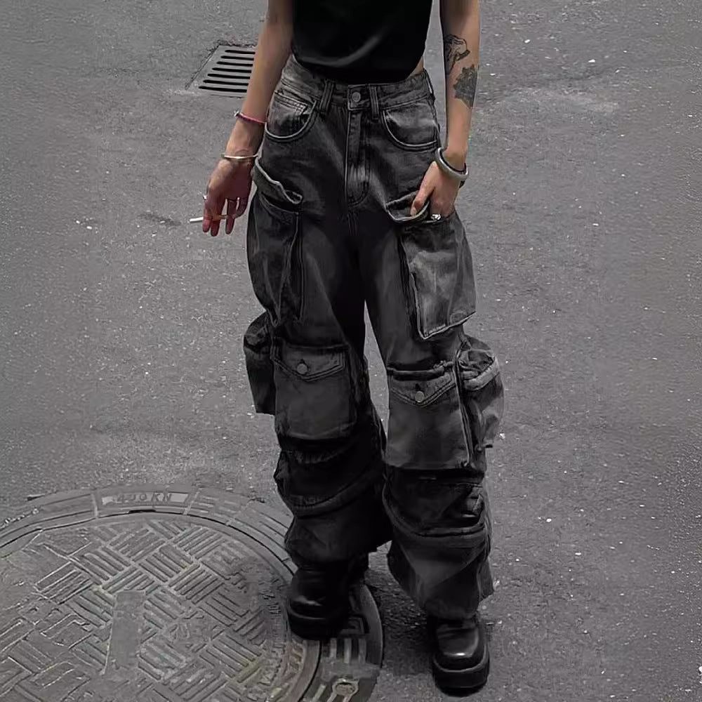 grunge outfits Y2k Multi-Pocket Overalls Women's High Street Fashion Hip Hop Punk Jeans Fashion Dark Trousers