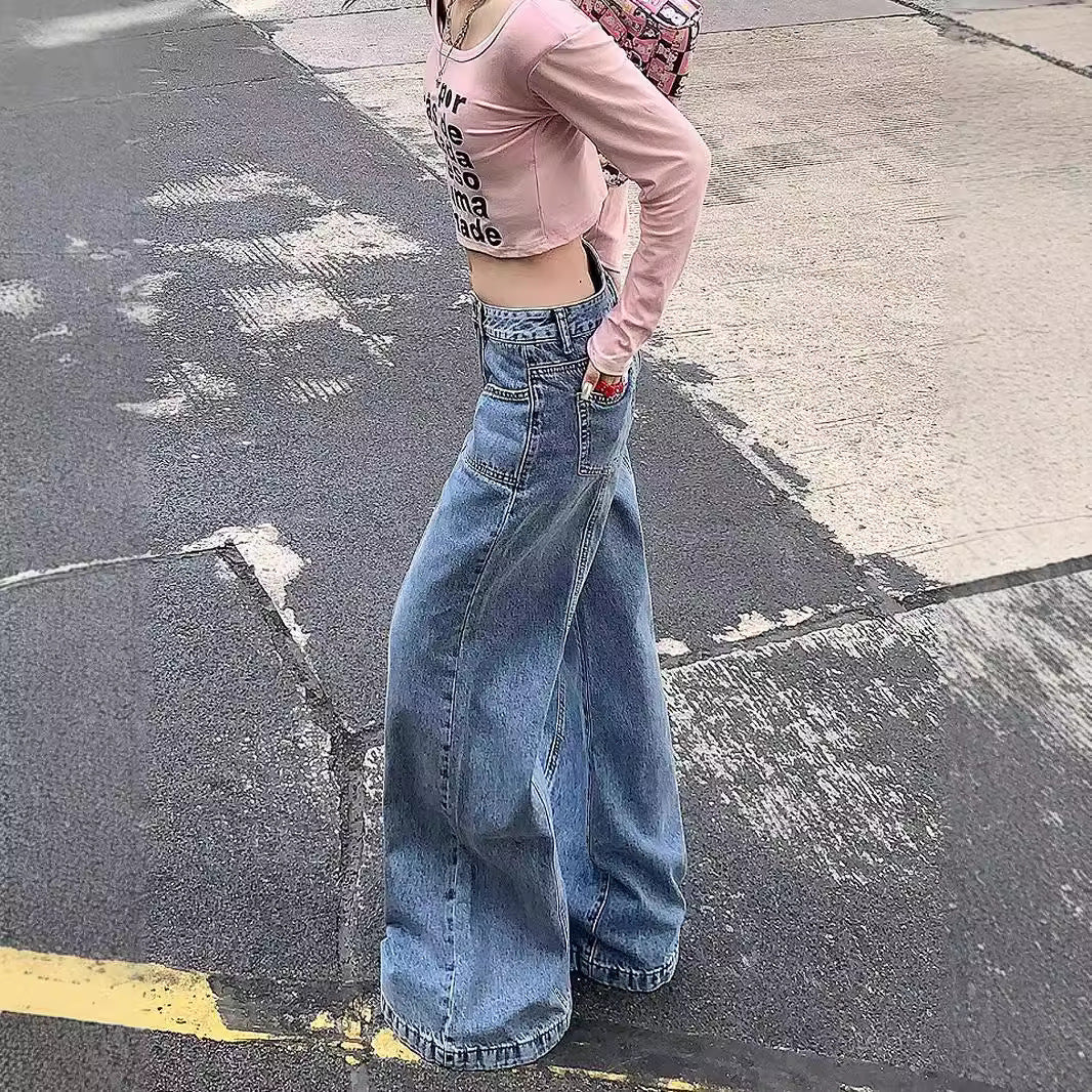 outfit ideas for school Spring and Autumn 2024 New American High Waist Wide Leg Versatile Jeans Women's Loose Slimming Split Pants Fashion