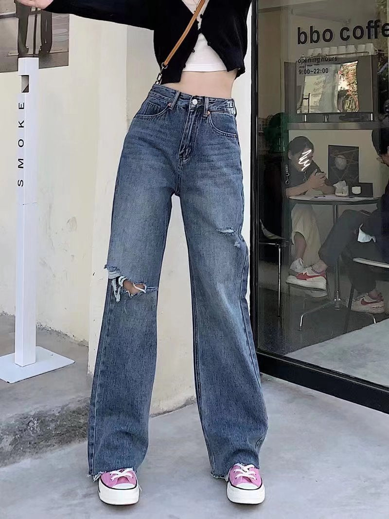 outfit inspo Light Blue Women's Wide-Leg Jeans Summer New Fashion High Waist Loose Micro-Pull Mop Pants Ins