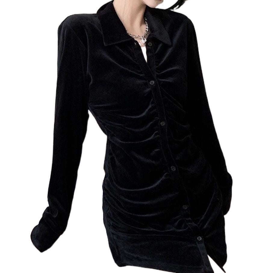 y2k outfits Black Gold Velvet Shirt for Women Autumn and Winter 2024 Fashionable Fashionable French Long Sleeve Slim Top