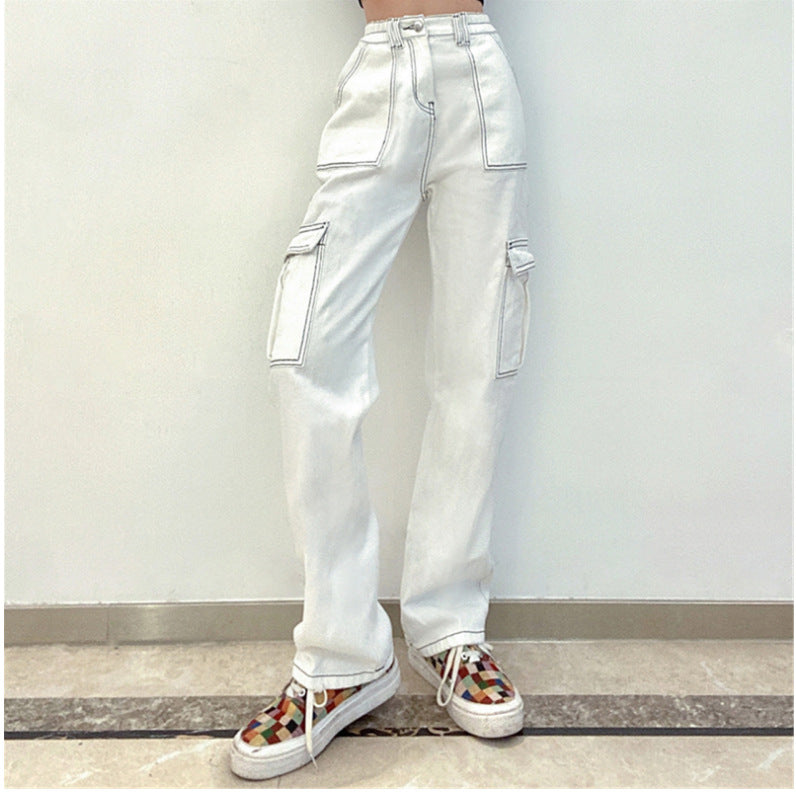 2000s fashion Women's Street Fashion Multi-Pocket Workwear Straight Trousers High Waist Slimming Loose Khaki Jeans for Women