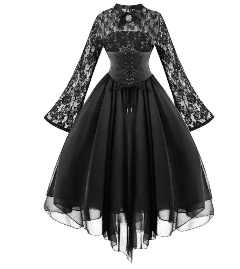 group halloween costumes New Women's Gothic Style Sexy Dress Lace Stitching Long Sleeve Bell Sleeve Chiffon Dress Court Dress