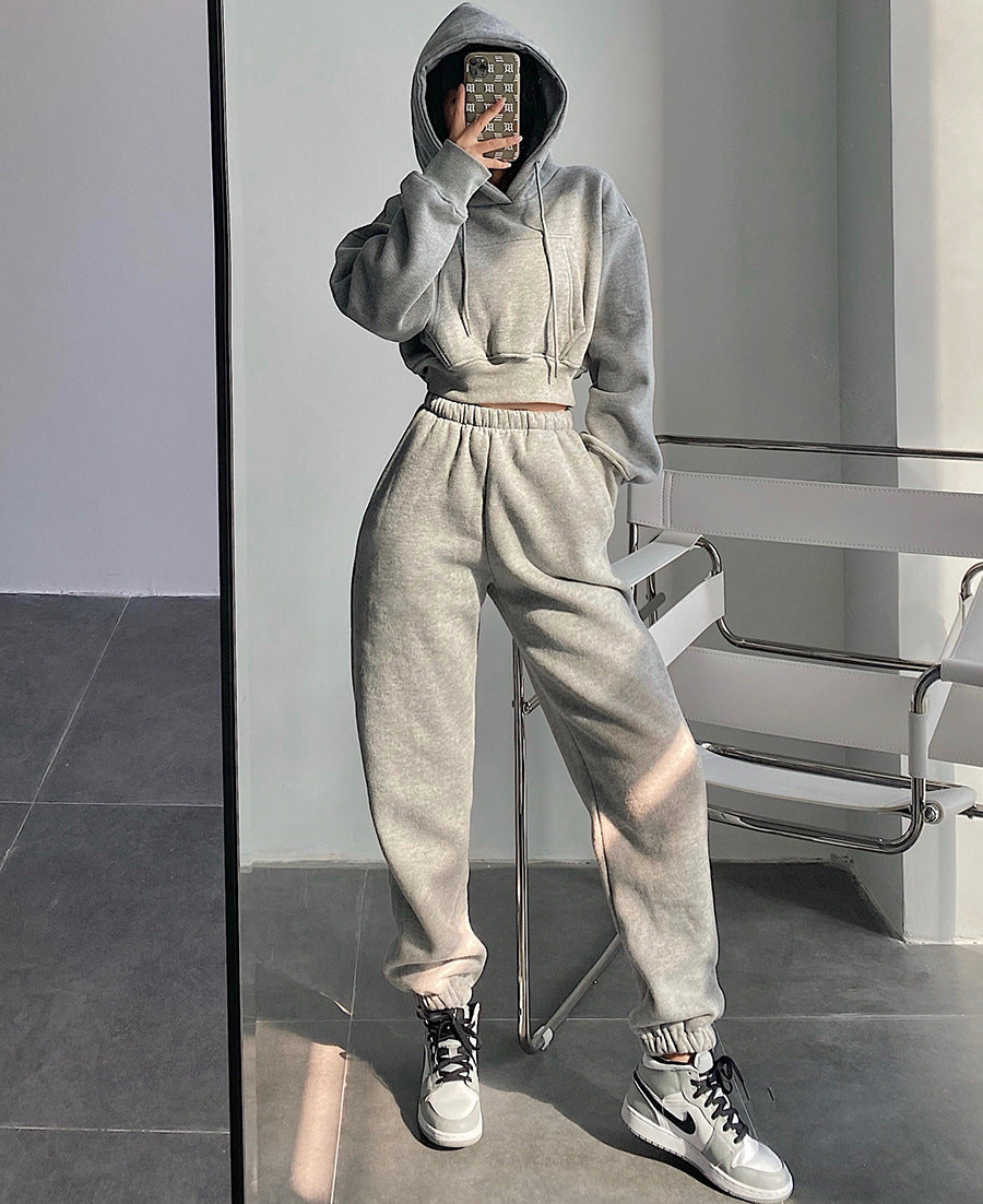 business casual outfits for women Spring 2024 Street Hooded Short Pocket Spring and Autumn Sweater High Waist Loose Ankle-Tied Sweatpants Suit