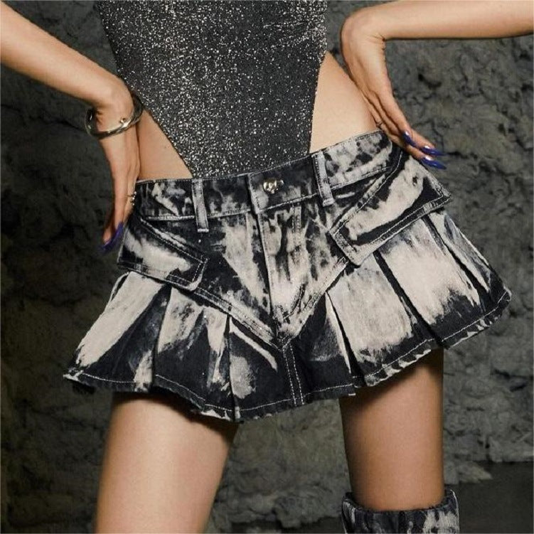 concert outfit dress to impress Street American Washed Gradient Denim Skirt 2024 Spring and Summer New Hot Girl Sexy Pleated Skirt Women's Skirt