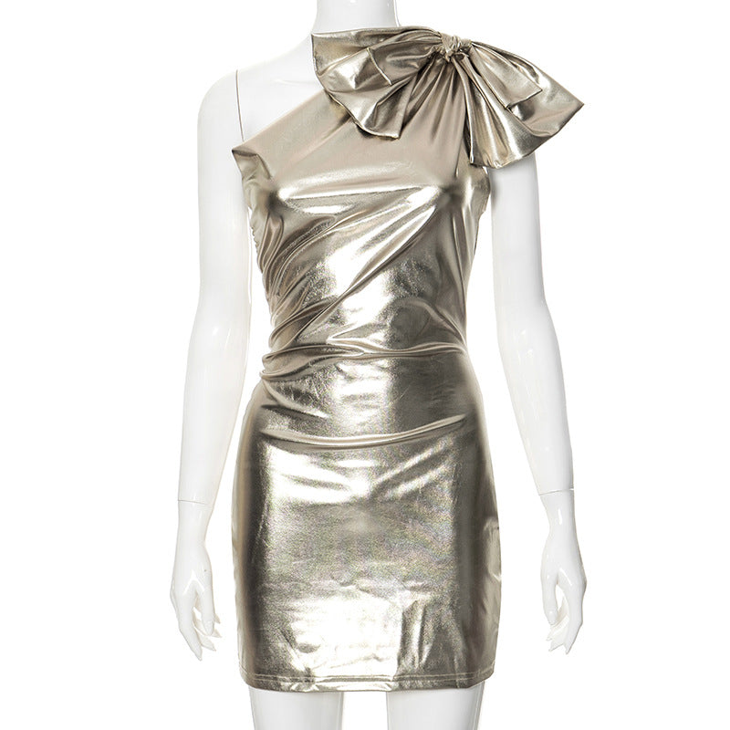 avant garde dress to impress 2024 New Women's Fashion Sexy Bow Shoulder Metallic Tight Dress