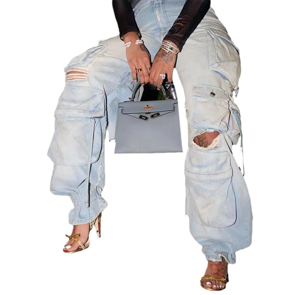 y2k Multi-Bag Jeans Workwear Casual Locomotive Street Style Heavy Industry Washing Ripped Pants