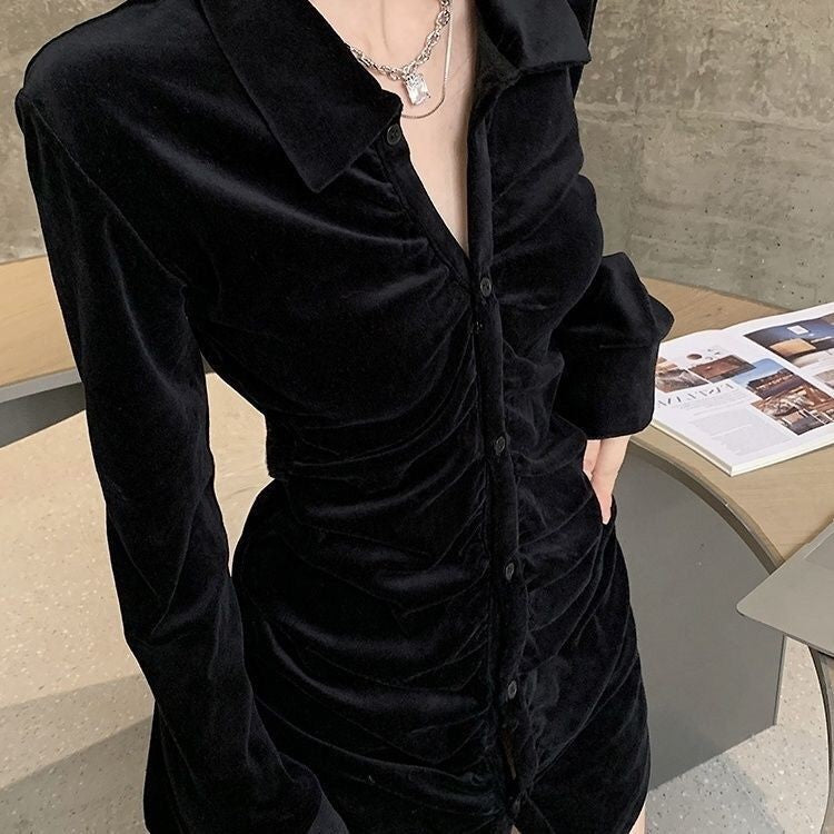 y2k outfits Black Gold Velvet Shirt for Women Autumn and Winter 2024 Fashionable Fashionable French Long Sleeve Slim Top