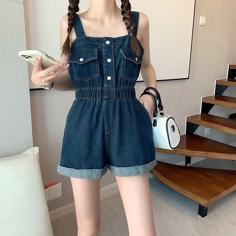 going out outfits 2024 Summer New Workwear Suspender Jeans Women's Small Tight Waist Fashion Wide Leg Curling One-Piece Shorts